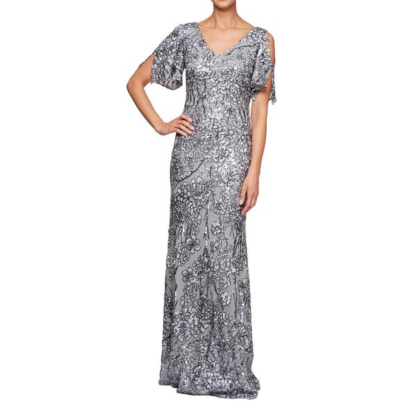Alex Evenings Women's Long Mother of The Bride Sequin Dress with Cold Shoulder - Picture 1 of 6